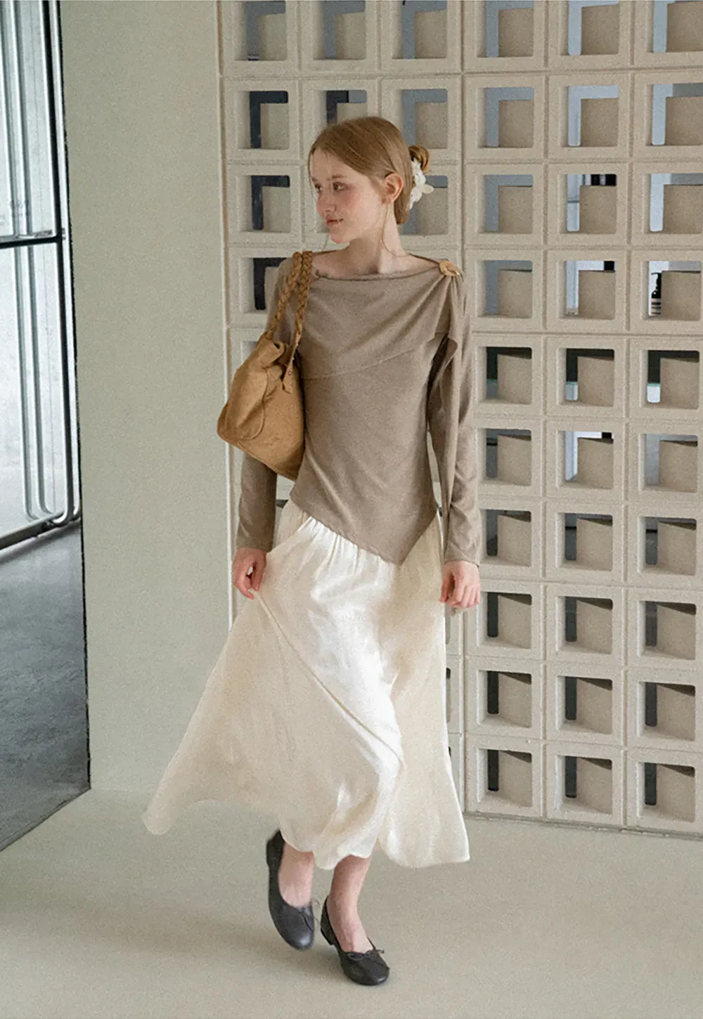 Asymmetrical Draped Shoulder Long Sleeve Top