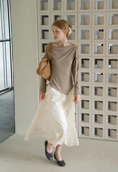 Asymmetrical Draped Shoulder Long Sleeve Top