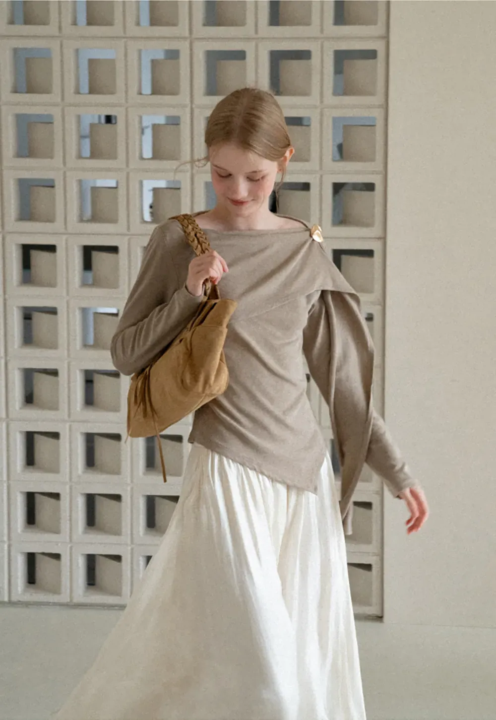 Asymmetrical Draped Shoulder Long Sleeve Top