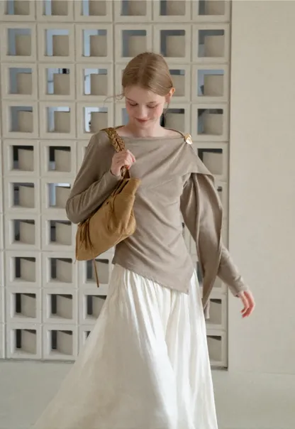 Asymmetrical Draped Shoulder Long Sleeve Top