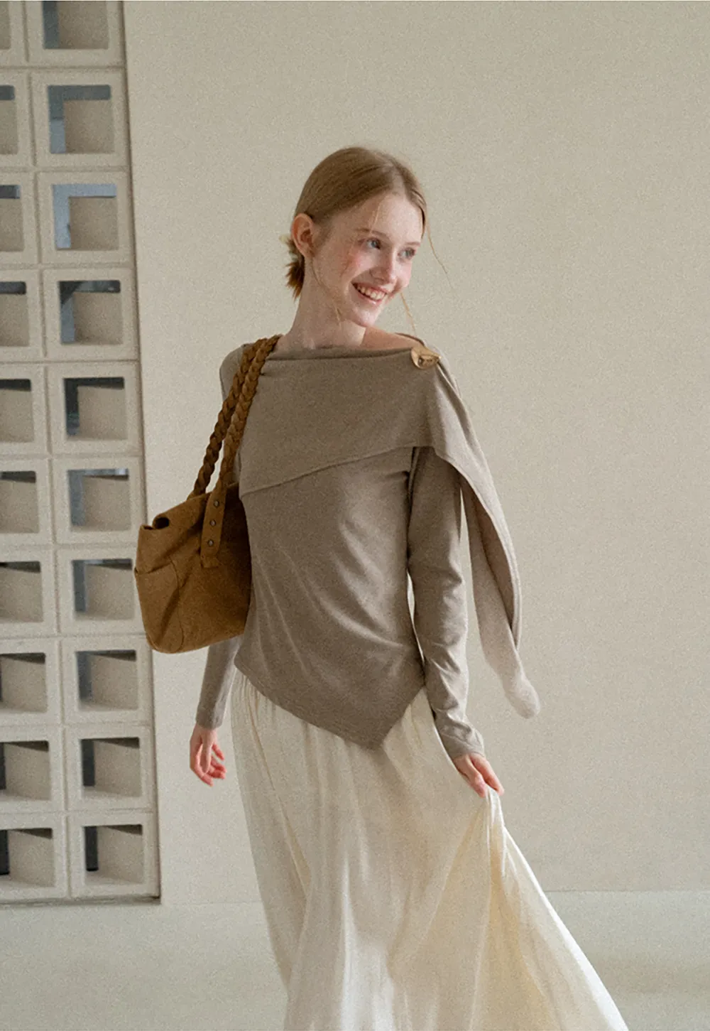 Asymmetrical Draped Shoulder Long Sleeve Top