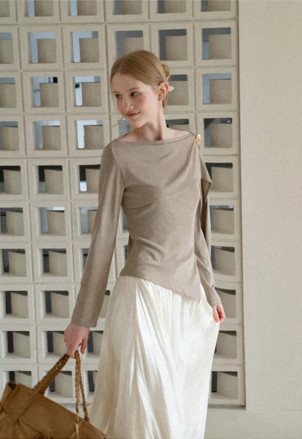 Asymmetrical Draped Shoulder Long Sleeve Top