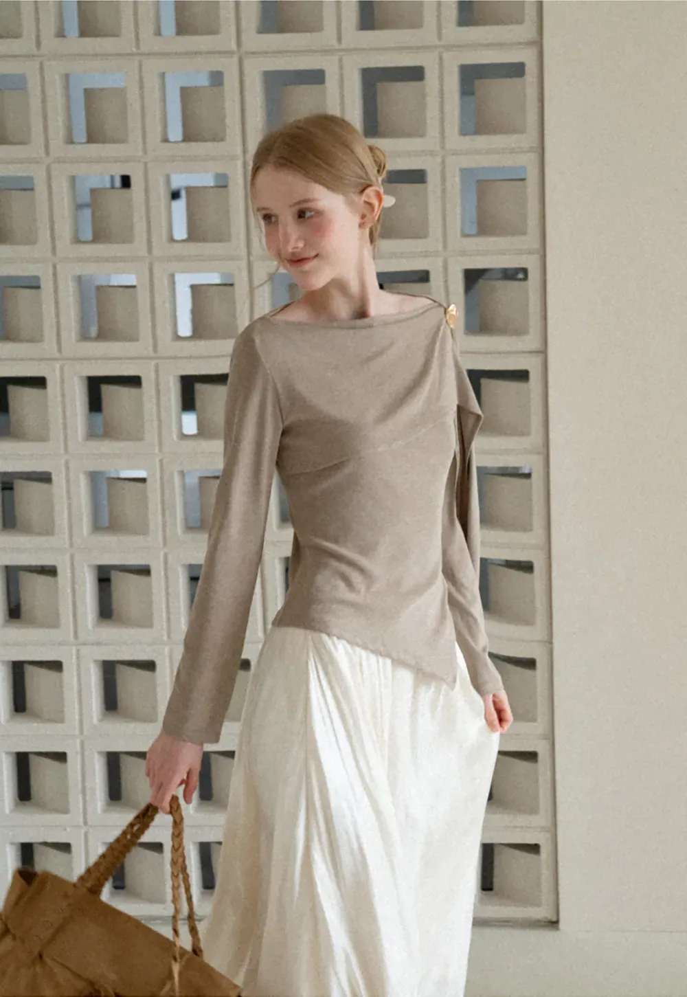 Asymmetrical Draped Shoulder Long Sleeve Top