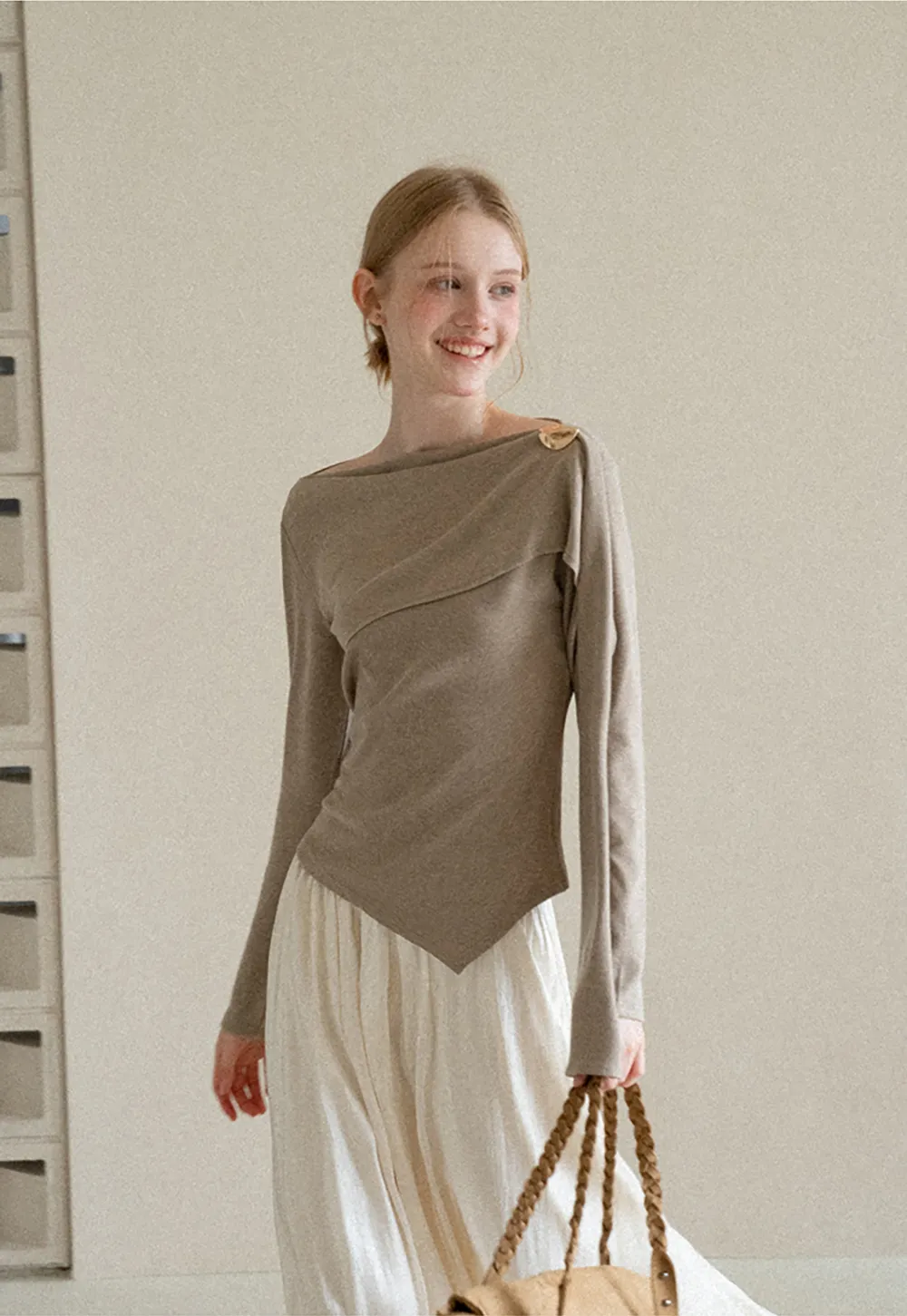 Asymmetrical Draped Shoulder Long Sleeve Top