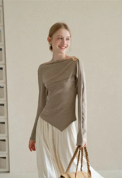 Asymmetrical Draped Shoulder Long Sleeve Top