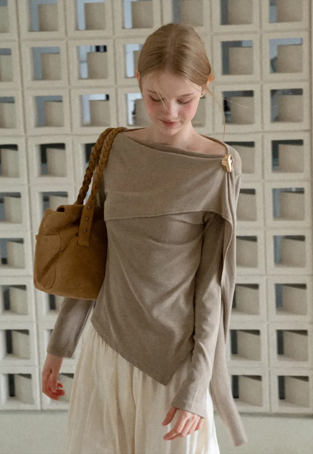 Asymmetrical Draped Shoulder Long Sleeve Top