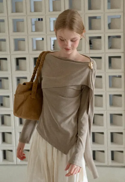 Asymmetrical Draped Shoulder Long Sleeve Top