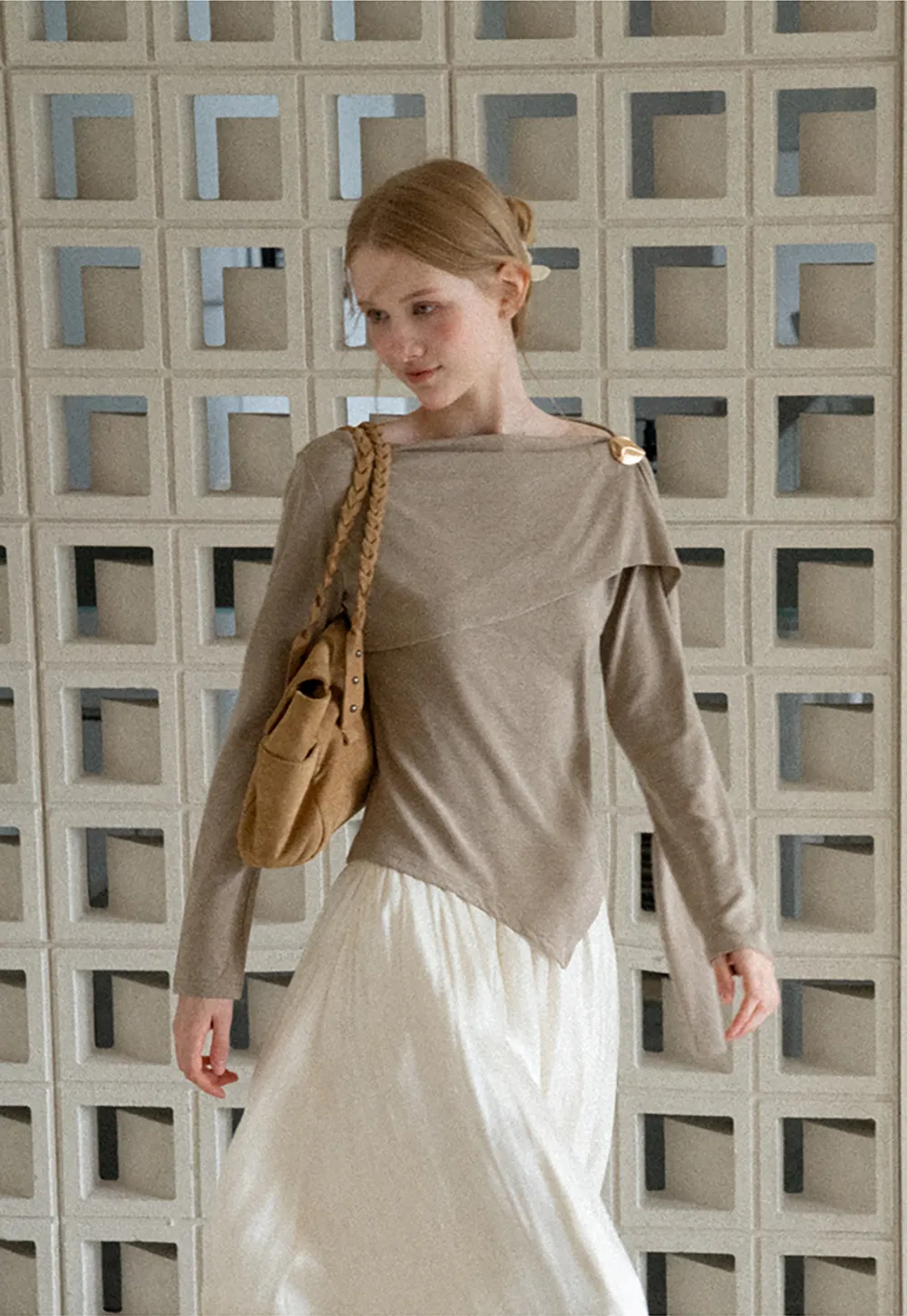 Asymmetrical Draped Shoulder Long Sleeve Top