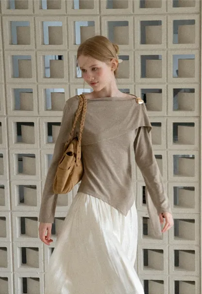 Asymmetrical Draped Shoulder Long Sleeve Top