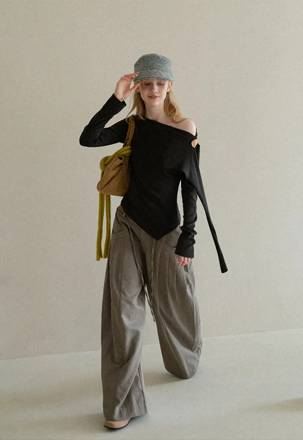 Asymmetrical Draped Shoulder Long Sleeve Top