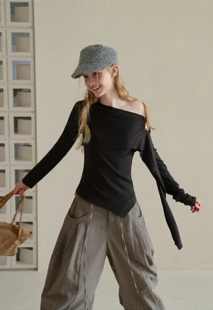 Asymmetrical Draped Shoulder Long Sleeve Top