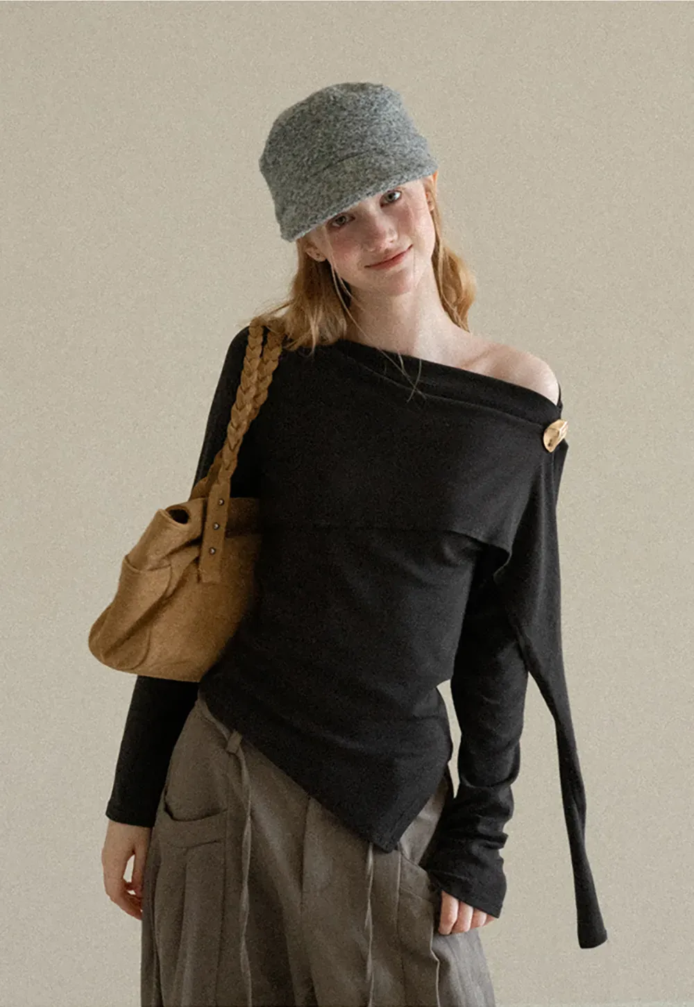 Asymmetrical Draped Shoulder Long Sleeve Top