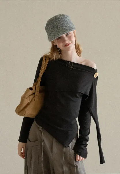 Asymmetrical Draped Shoulder Long Sleeve Top