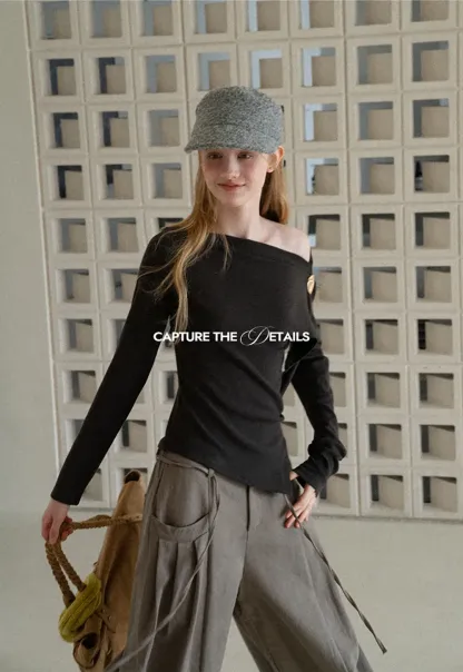 Asymmetrical Draped Shoulder Long Sleeve Top