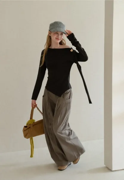 Asymmetrical Draped Shoulder Long Sleeve Top