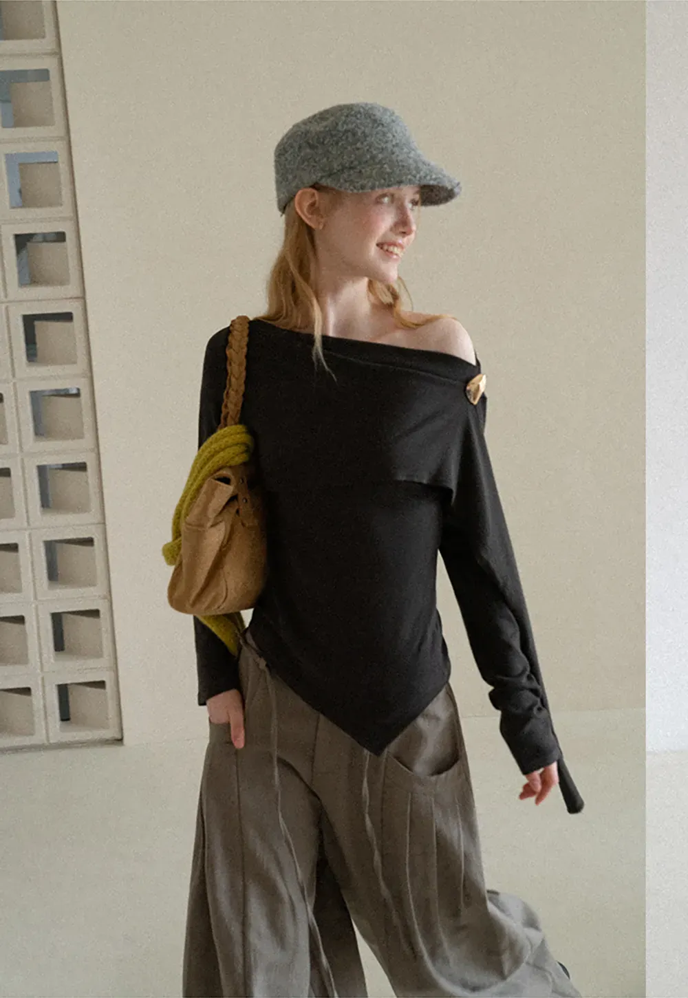 Asymmetrical Draped Shoulder Long Sleeve Top