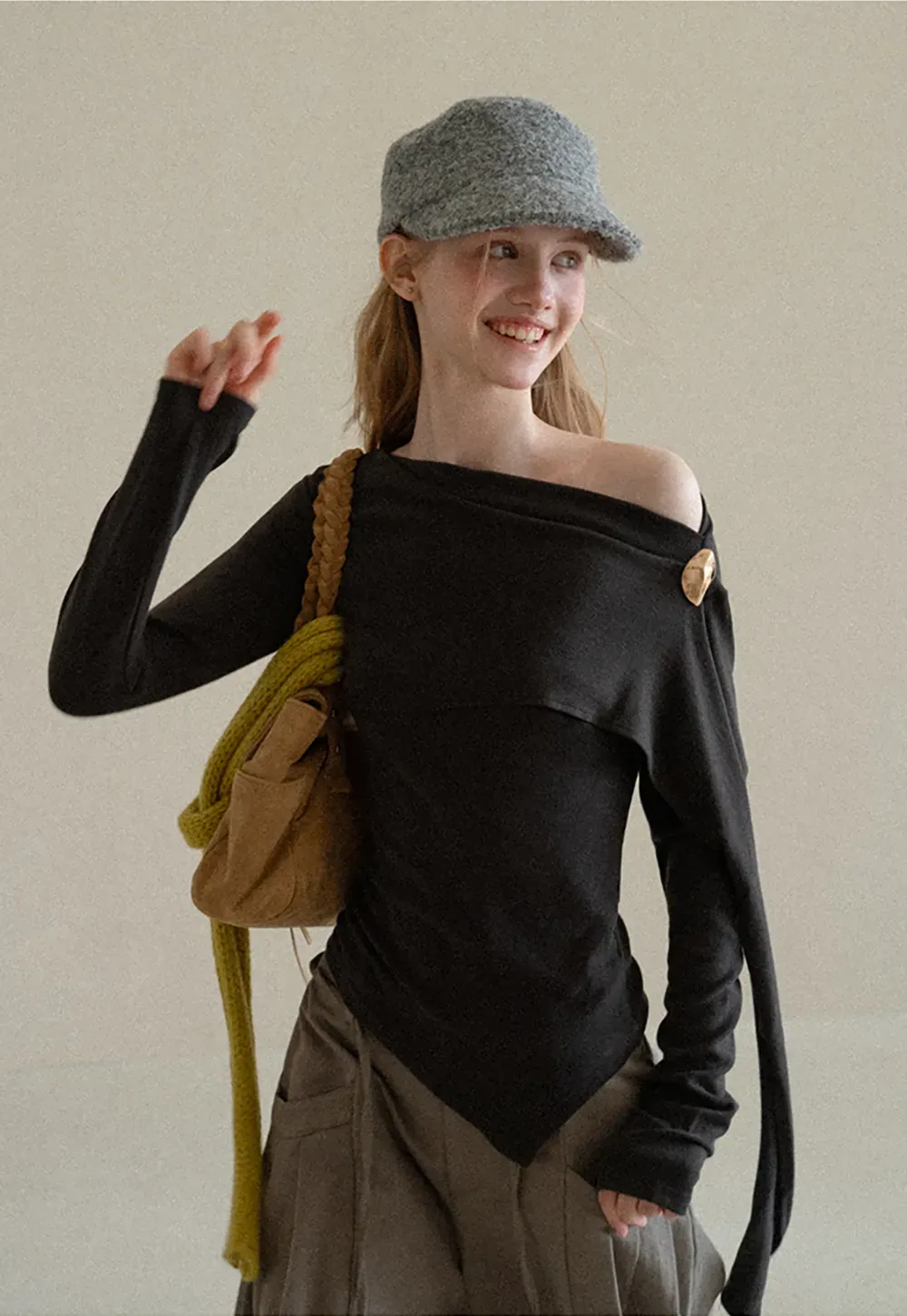 Asymmetrical Draped Shoulder Long Sleeve Top