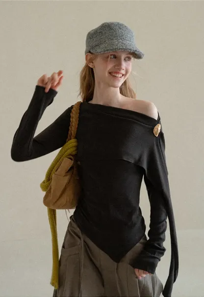 Asymmetrical Draped Shoulder Long Sleeve Top