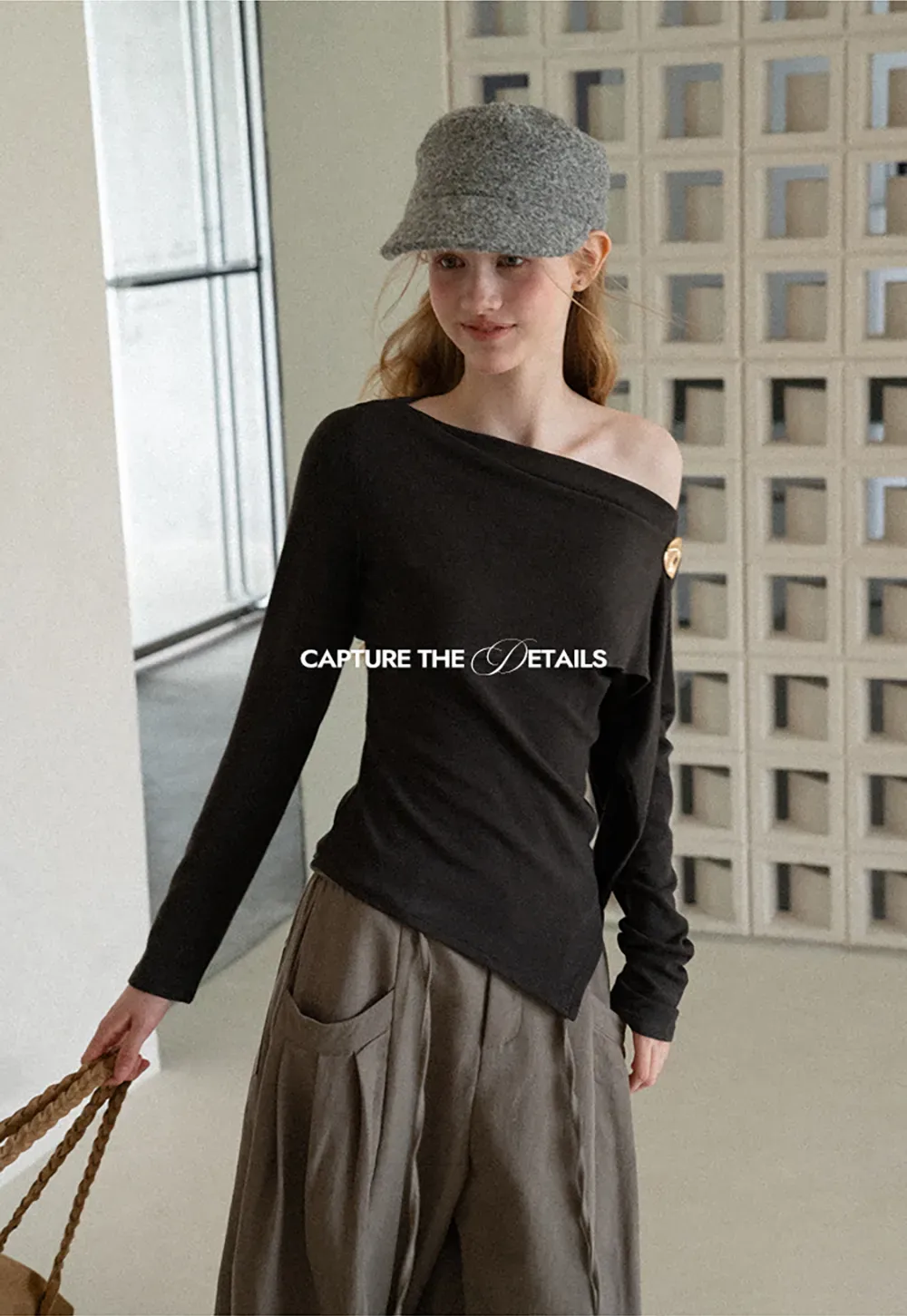 Asymmetrical Draped Shoulder Long Sleeve Top