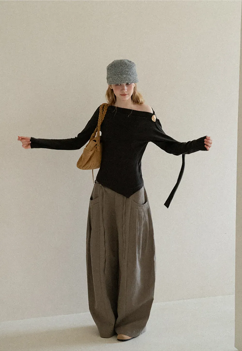 Asymmetrical Draped Shoulder Long Sleeve Top