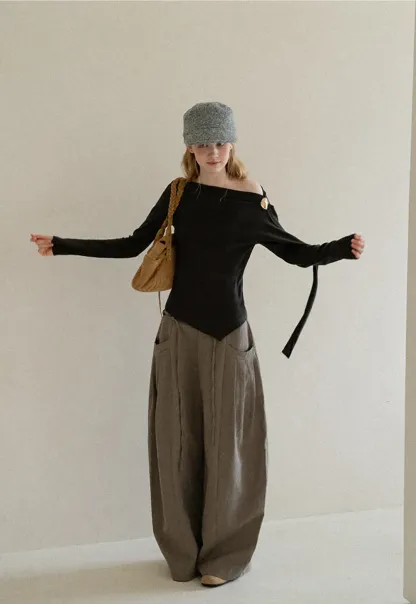 Asymmetrical Draped Shoulder Long Sleeve Top