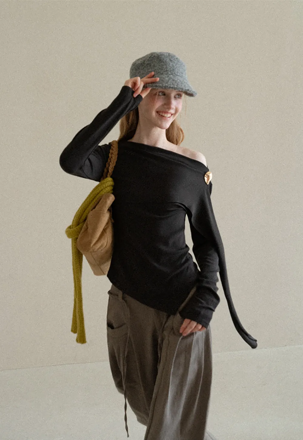 Asymmetrical Draped Shoulder Long Sleeve Top