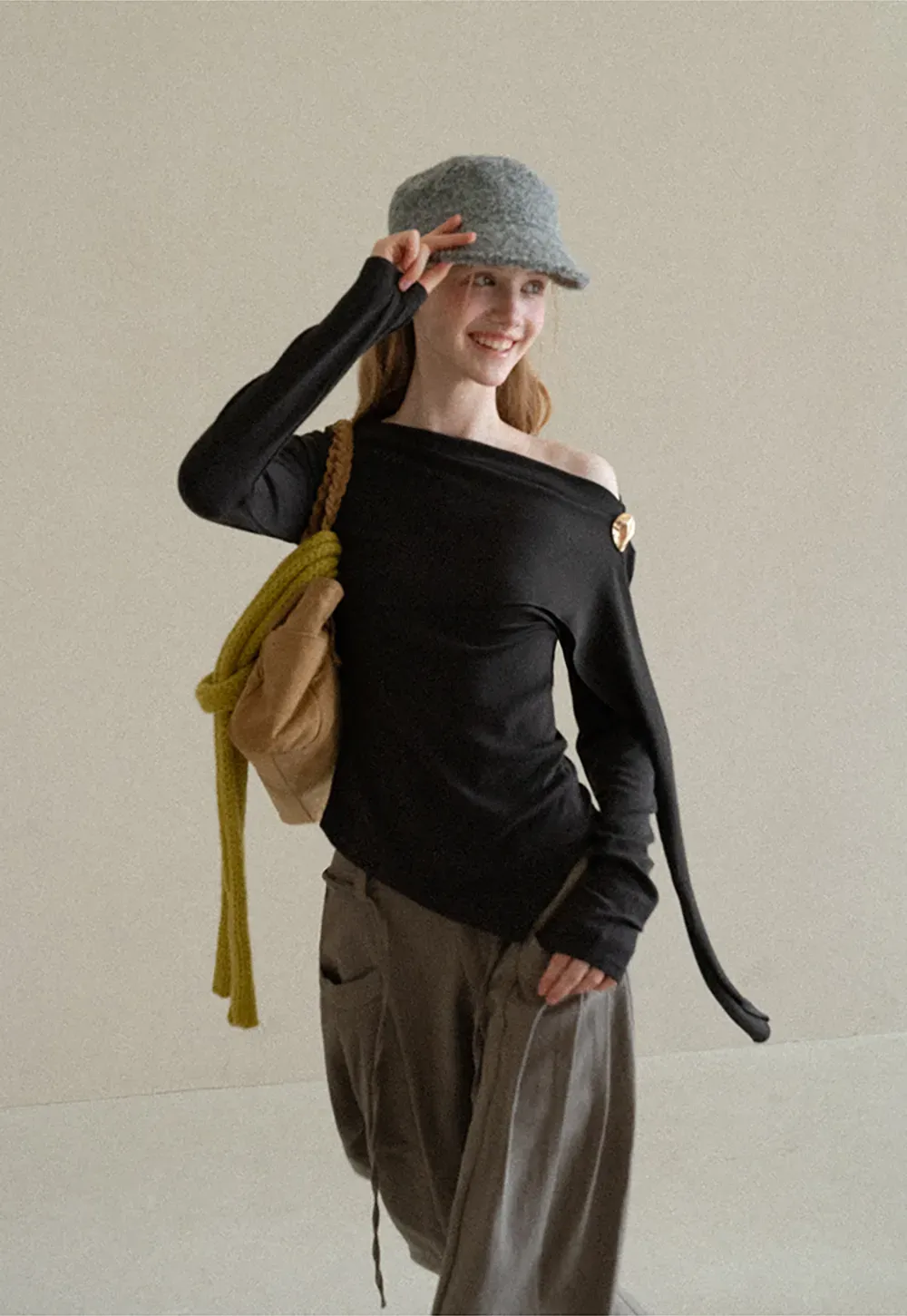 Asymmetrical Draped Shoulder Long Sleeve Top