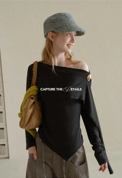 Asymmetrical Draped Shoulder Long Sleeve Top