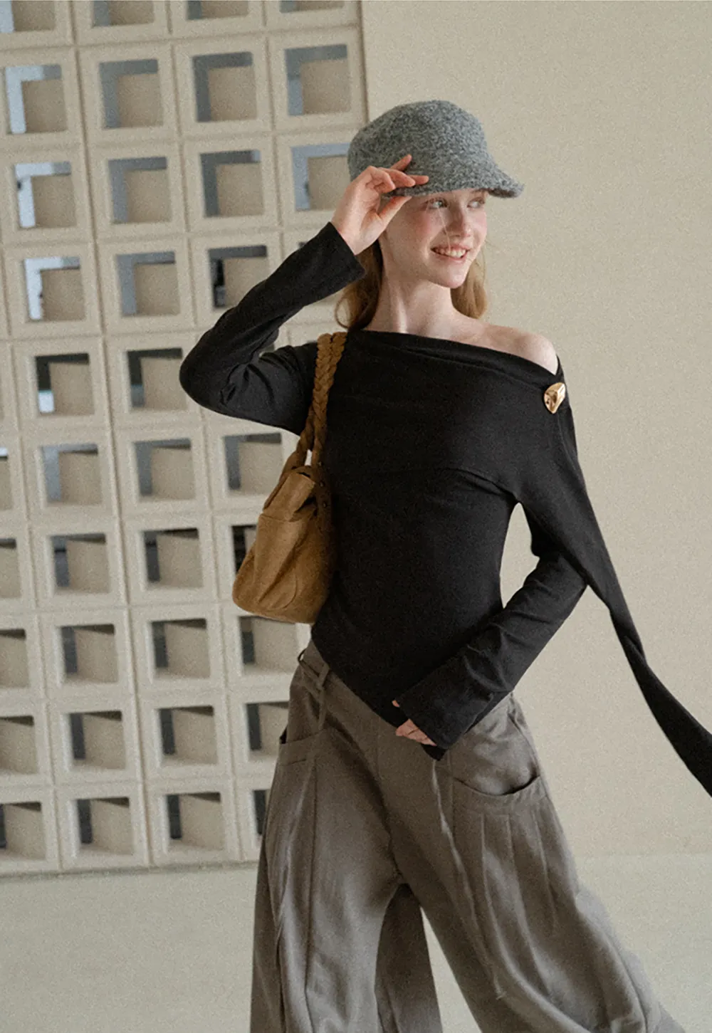 Asymmetrical Draped Shoulder Long Sleeve Top