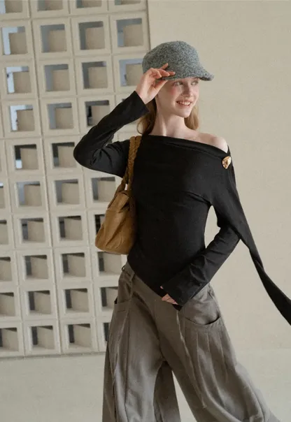 Asymmetrical Draped Shoulder Long Sleeve Top