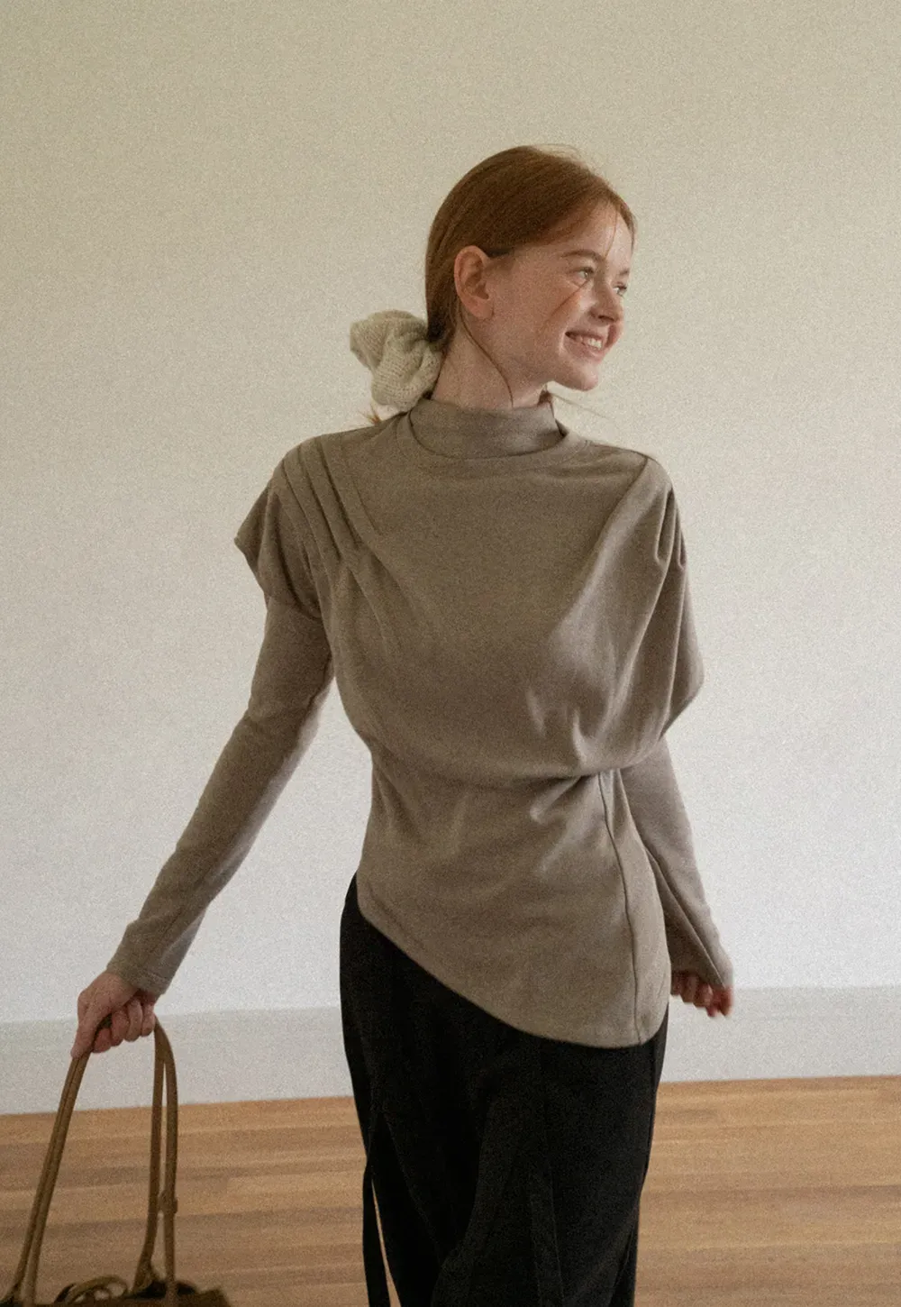 Asymmetrical Draped High Neck Long Sleeve Top