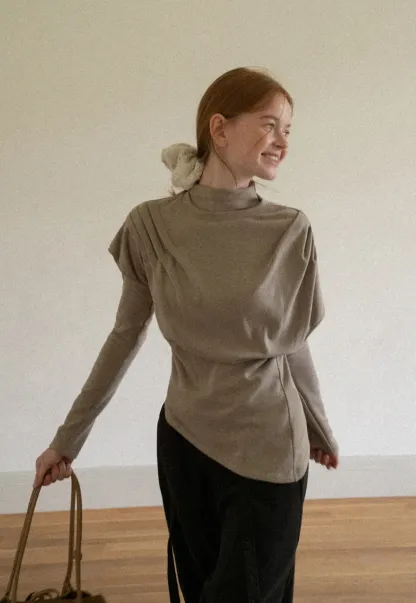 Asymmetrical Draped High Neck Long Sleeve Top