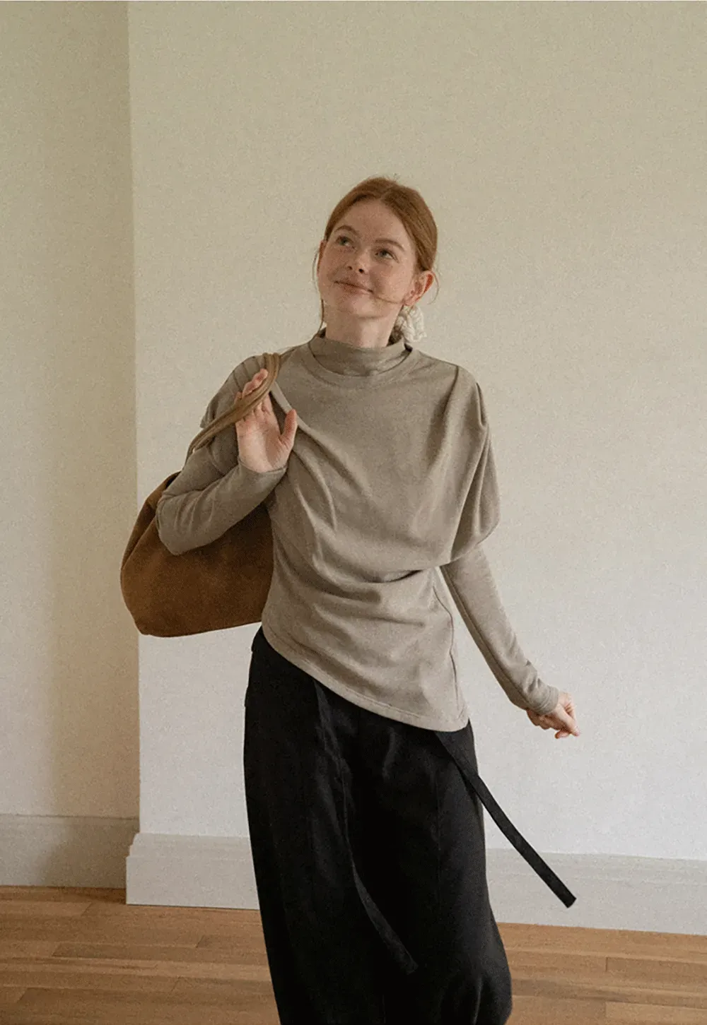 Asymmetrical Draped High Neck Long Sleeve Top