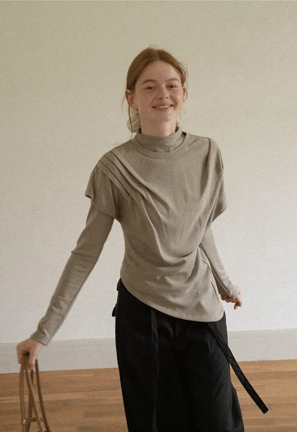Asymmetrical Draped High Neck Long Sleeve Top