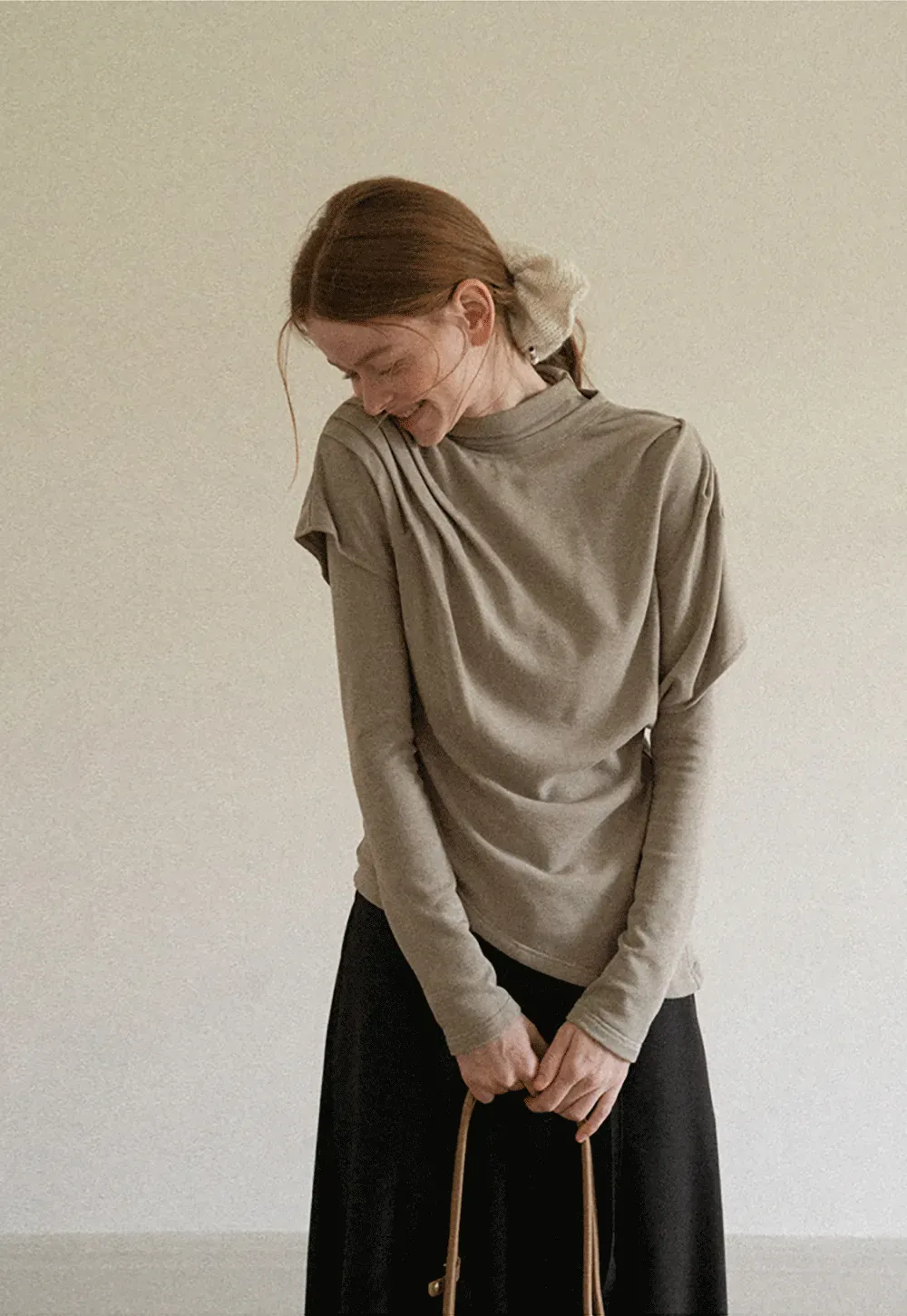Asymmetrical Draped High Neck Long Sleeve Top