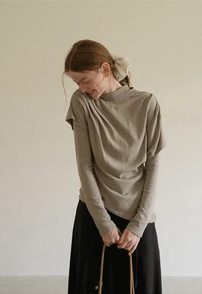 Asymmetrical Draped High Neck Long Sleeve Top