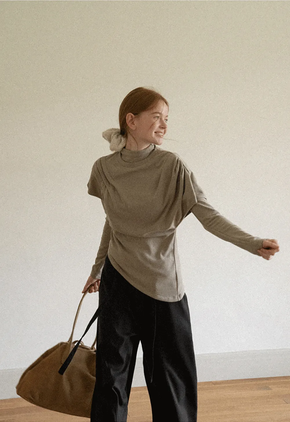 Asymmetrical Draped High Neck Long Sleeve Top