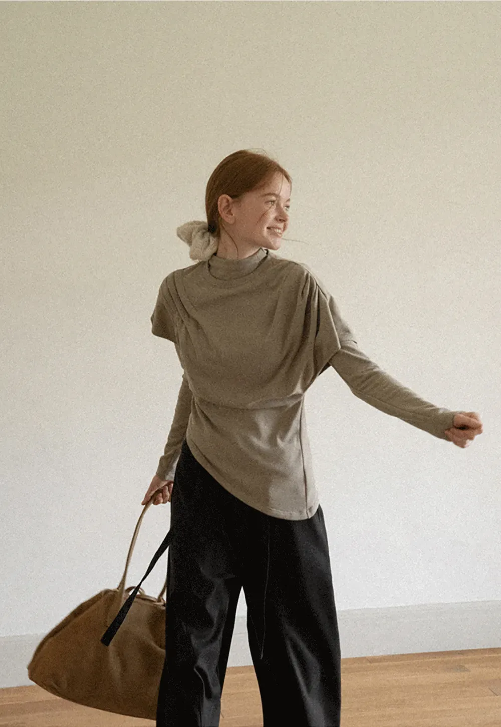 Asymmetrical Draped High Neck Long Sleeve Top