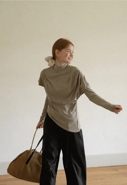 Asymmetrical Draped High Neck Long Sleeve Top