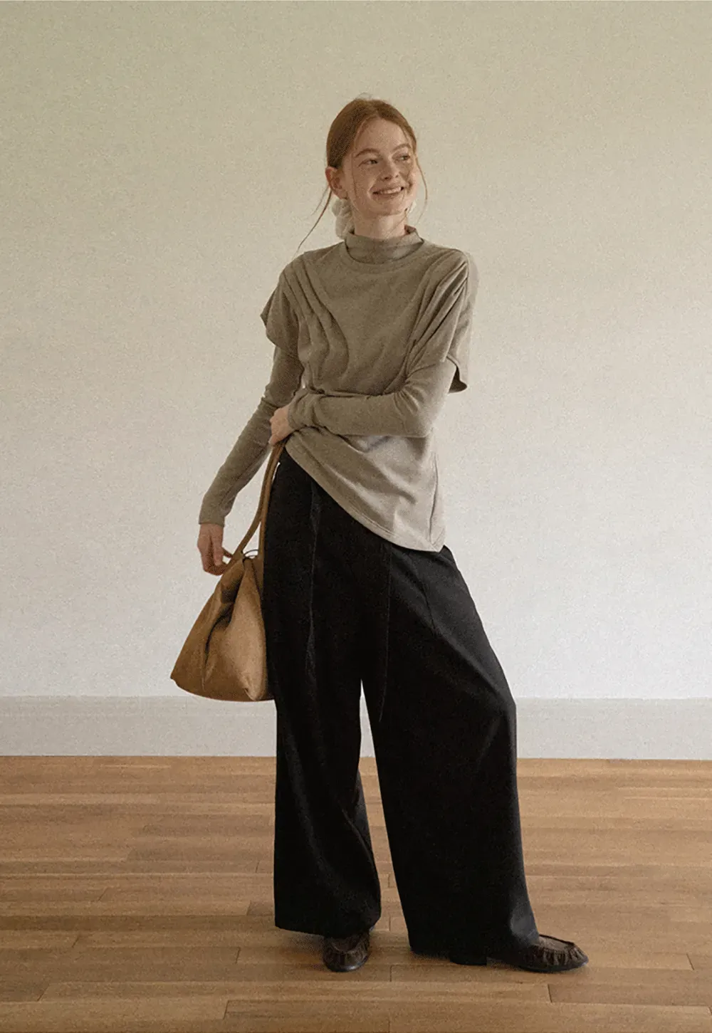 Asymmetrical Draped High Neck Long Sleeve Top