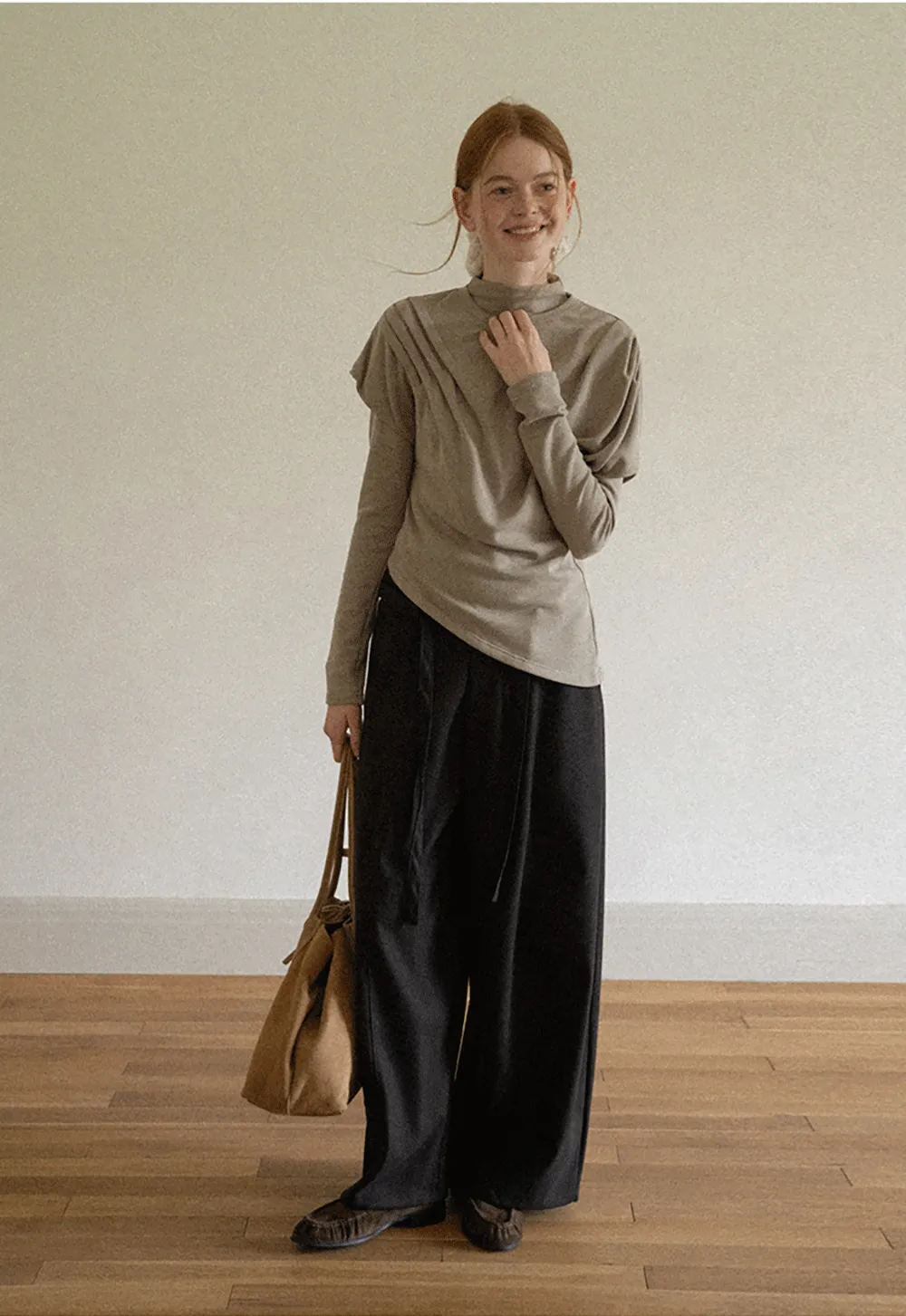 Asymmetrical Draped High Neck Long Sleeve Top