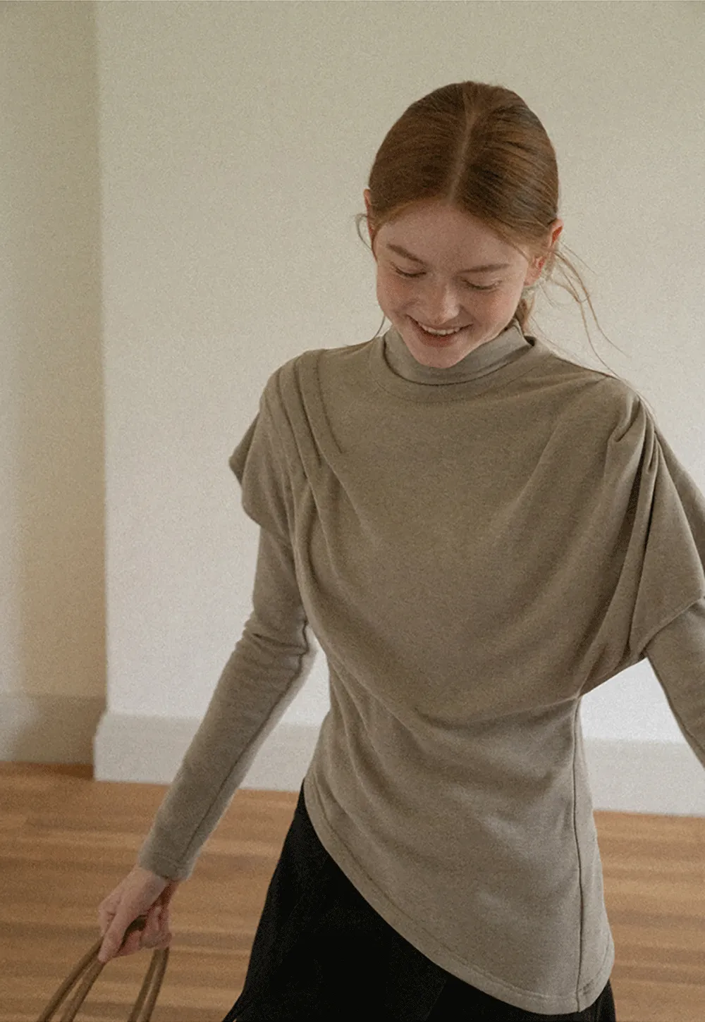 Asymmetrical Draped High Neck Long Sleeve Top
