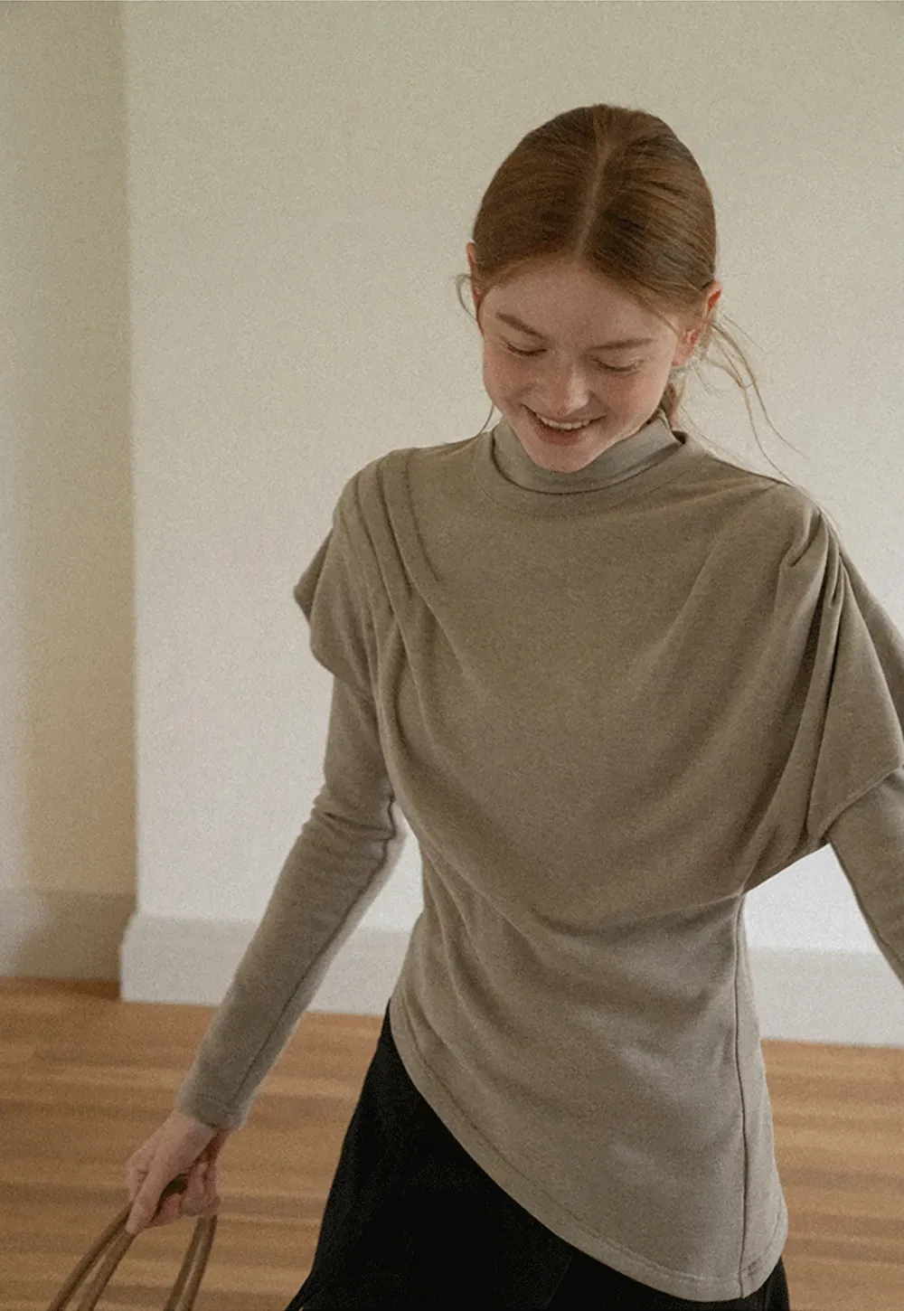 Asymmetrical Draped High Neck Long Sleeve Top