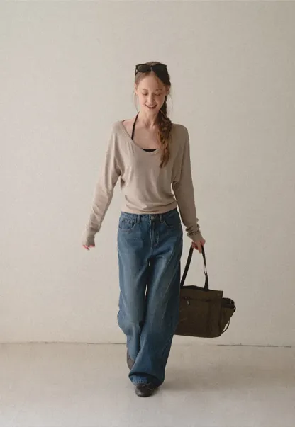 V Neck Long Sleeve Lightweight Knit T Shirt