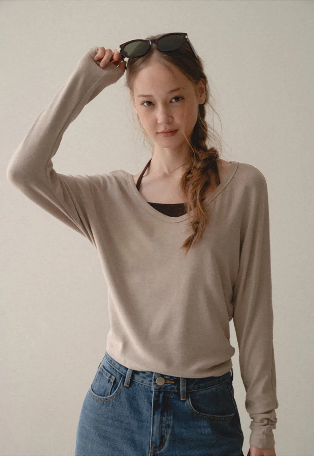 V Neck Long Sleeve Lightweight Knit T Shirt