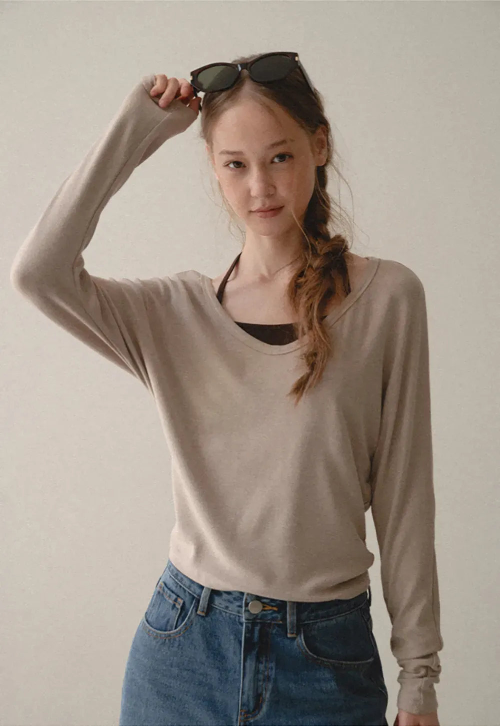 V Neck Long Sleeve Lightweight Knit T Shirt