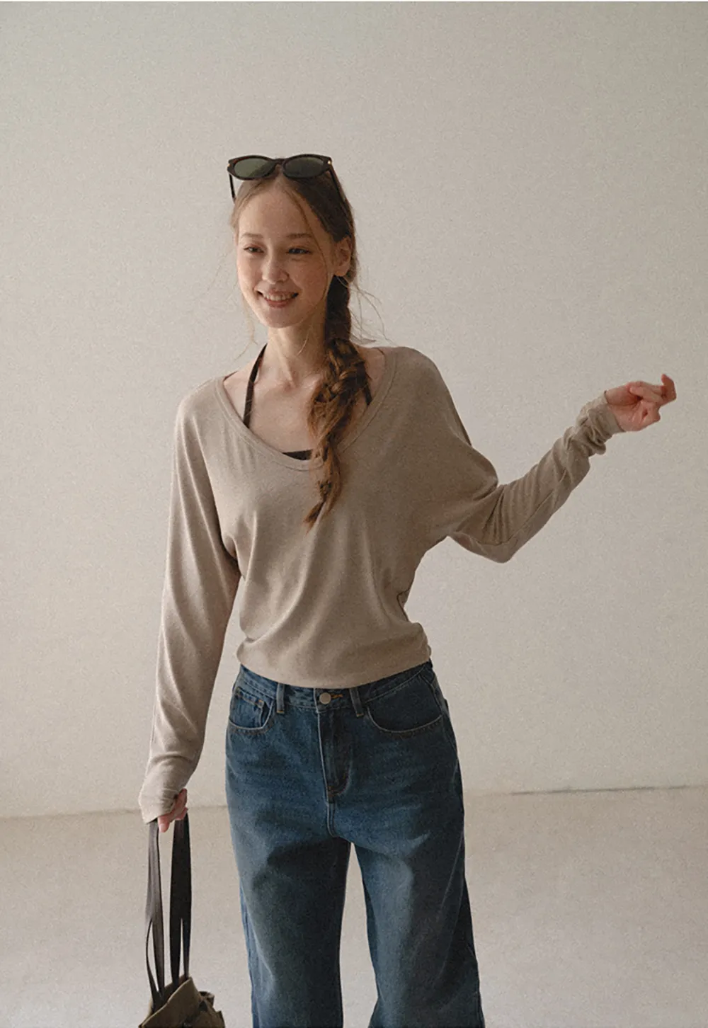V Neck Long Sleeve Lightweight Knit T Shirt