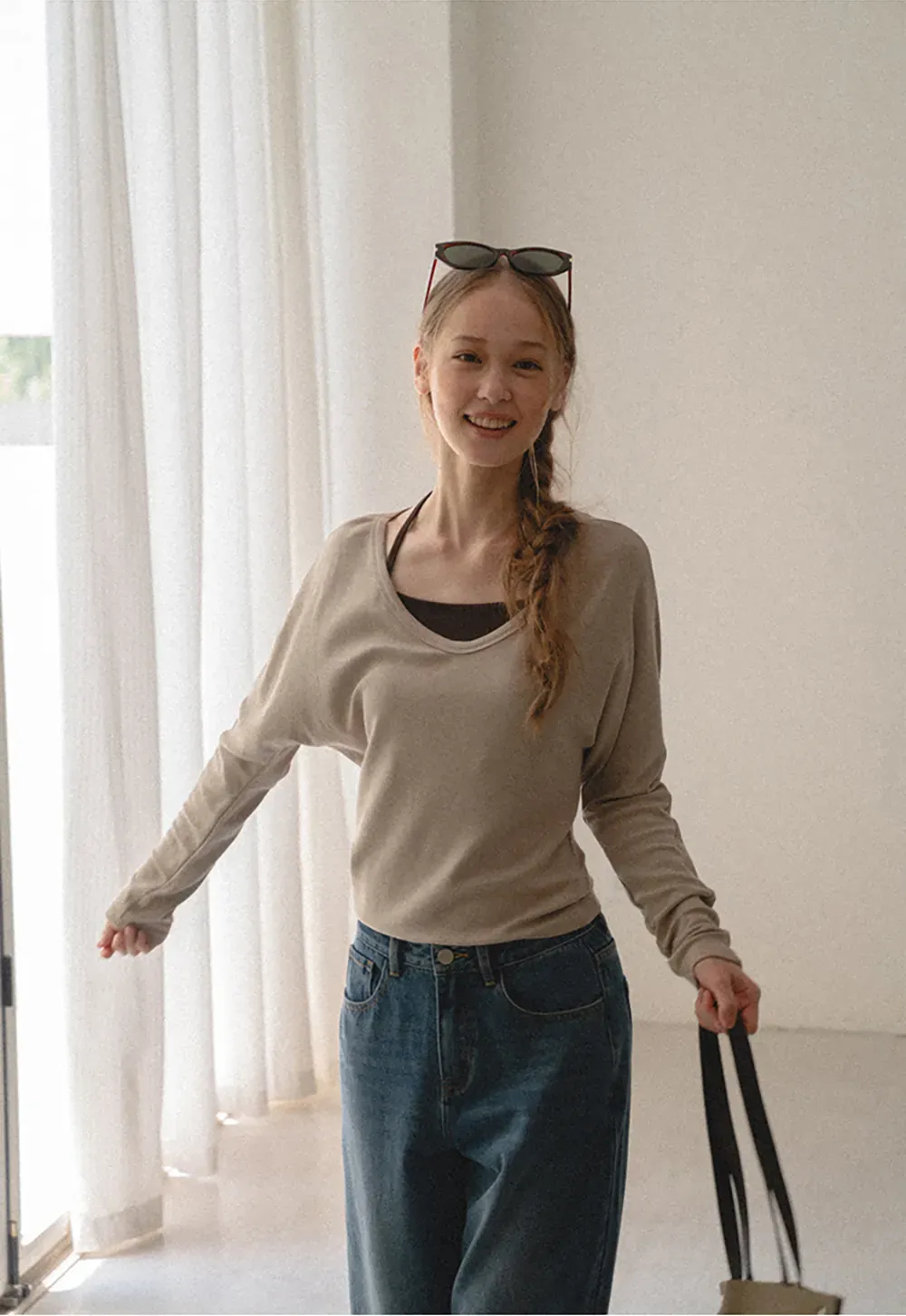 V Neck Long Sleeve Lightweight Knit T Shirt