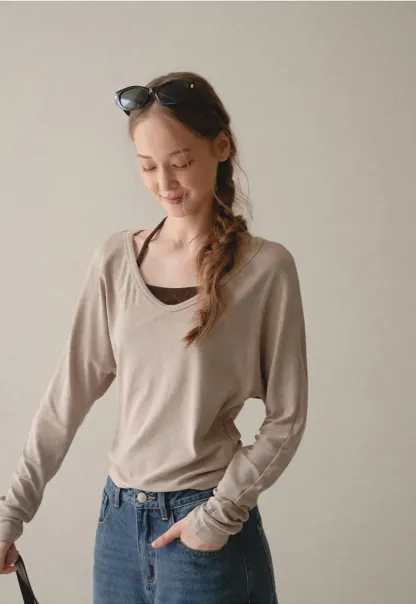 V Neck Long Sleeve Lightweight Knit T Shirt