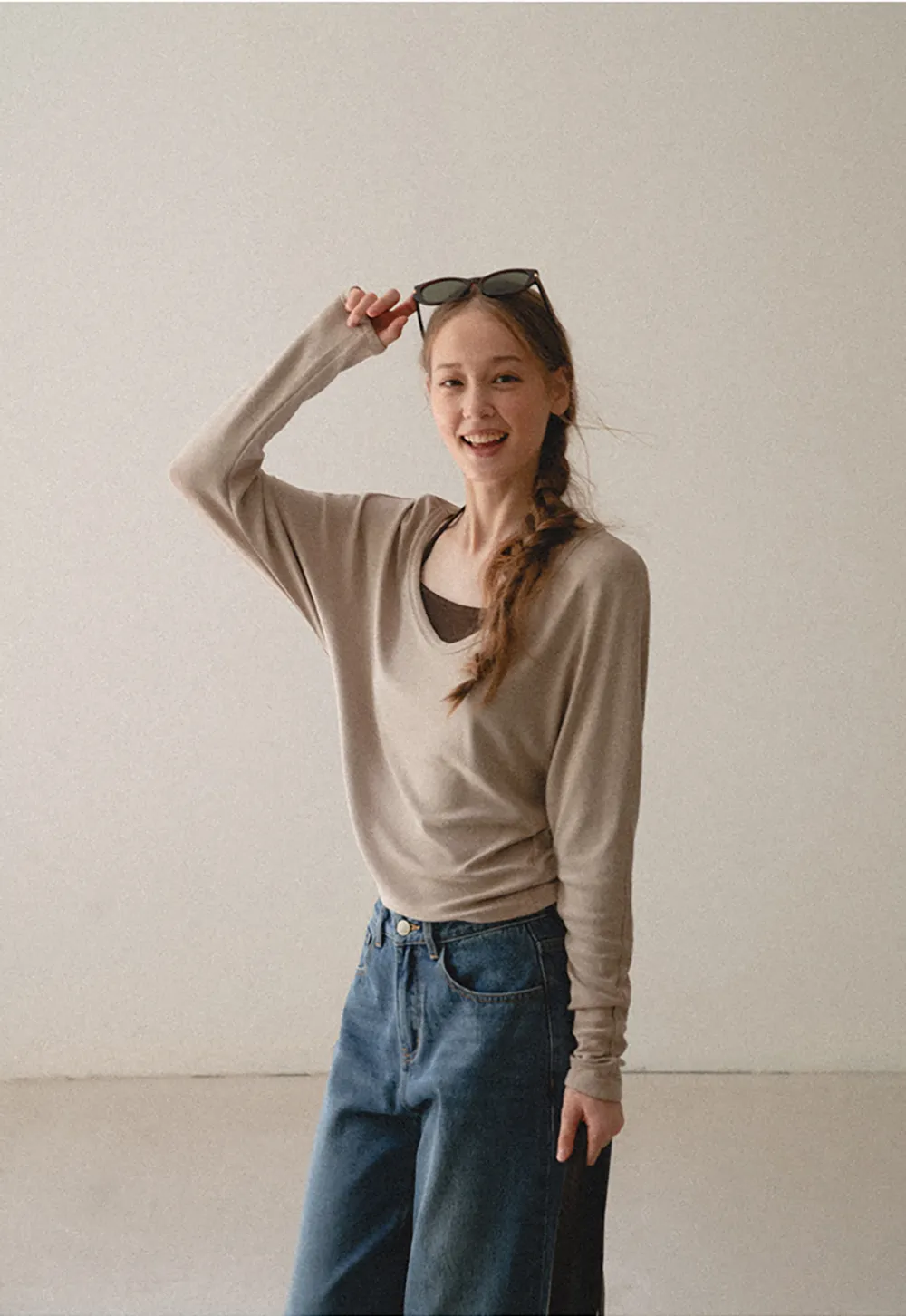 V Neck Long Sleeve Lightweight Knit T Shirt